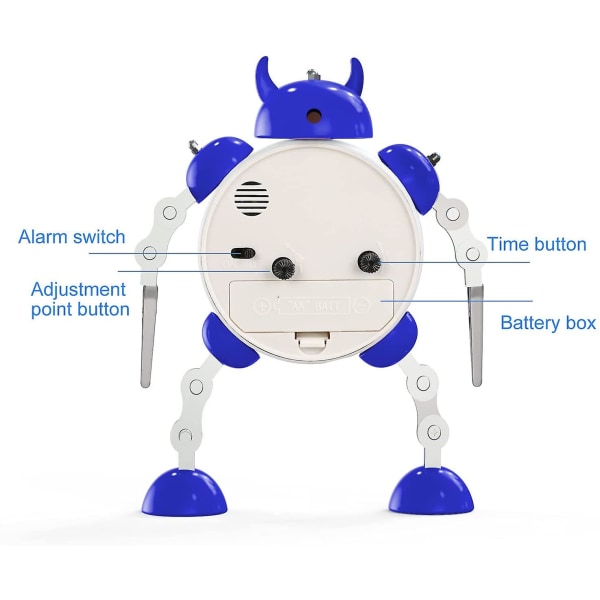 Robotväckarklocka, rostfri metall, icke-tickande väckarklocka med ögonljus och handklämma, bästa presenten till barn (blå)