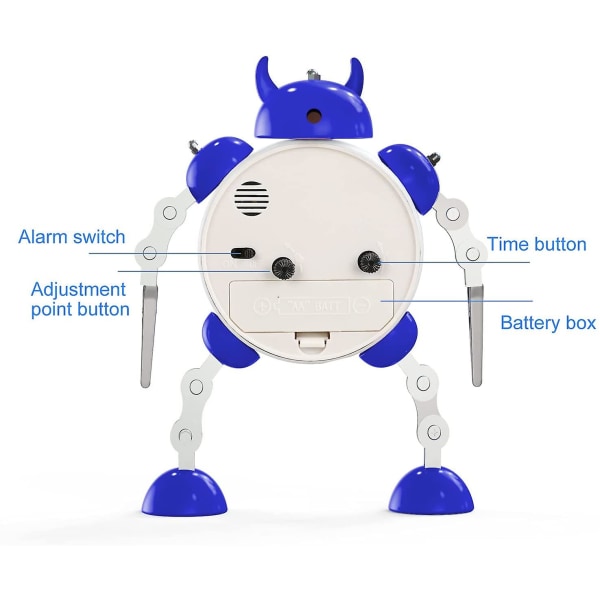 Robotvækkeur, rustfrit metal ikke-tikkende vækningsur med øjenlys og håndklemme, bedste gave til børn (blå)