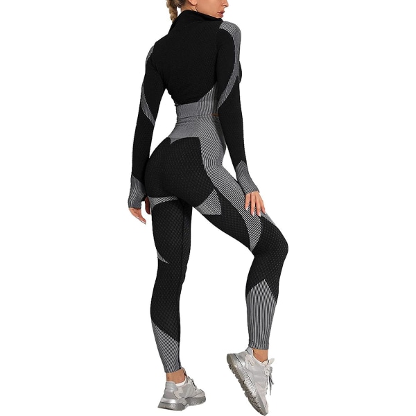 Träningsoverall för kvinnor 2-delat set hög midja Leggings och långärmad Crop Top Yoga Activewear med dragkedja fram Black White L
