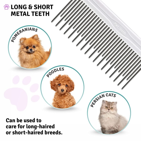 Detangling comb for pets with long and short stainless steel teeth to remove tangled fur, tangles and knots