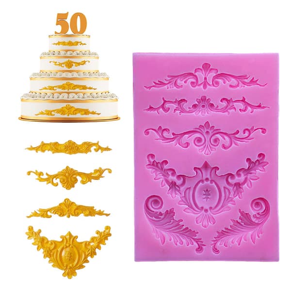 3D Barock Blomma Scroll Silikonform för Fondant Cupcake Tårtdekoration