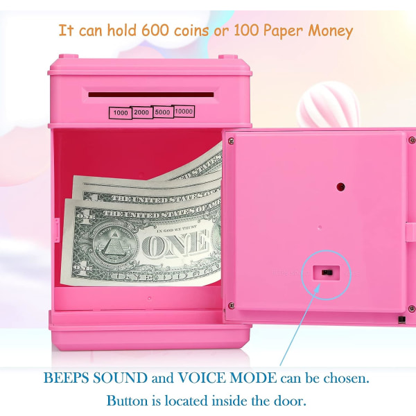 Säästöpossu, syntymäpäivälelulahja, oikean rahan elektroninen kassaautomaatti, iso säästöpossu muovinen tallelokero, söpöjä lasten esineitä (vaaleanpunainen+raha),
