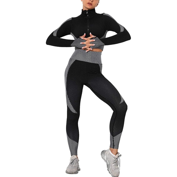 Naisten harjoitusverryttelypuku, 2 set , korkeavyötäröiset leggingsit ja pitkähihaiset Crop Top -jooga-aktiiviset vaatteet, vetoketju edessä Black White S