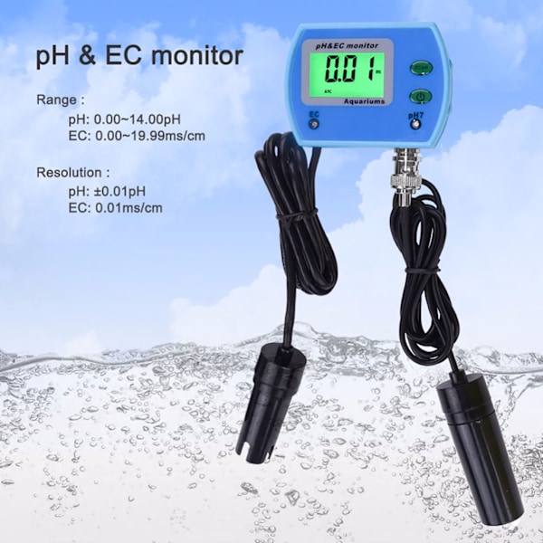 Profesjonell 2-i-1 PH EC-måler Multifunksjonell Vannkvalitetsmonitor for Akvarium 220V EU-plugg
