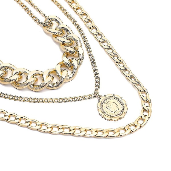 Chunky Gold Halsband Lås Hänglås Medaljon Hänge Coin Curb Chain Layering Silver