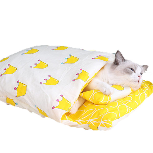Djurmöbler avtagbar och tvättbar gul krona stängd sovsäck för husdjur (S)