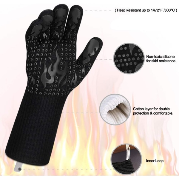 Högtemperaturbeständiga BBQ-handskar Brandsäker isolering Kök Mikrovågsugn 800 grader (svart låga),