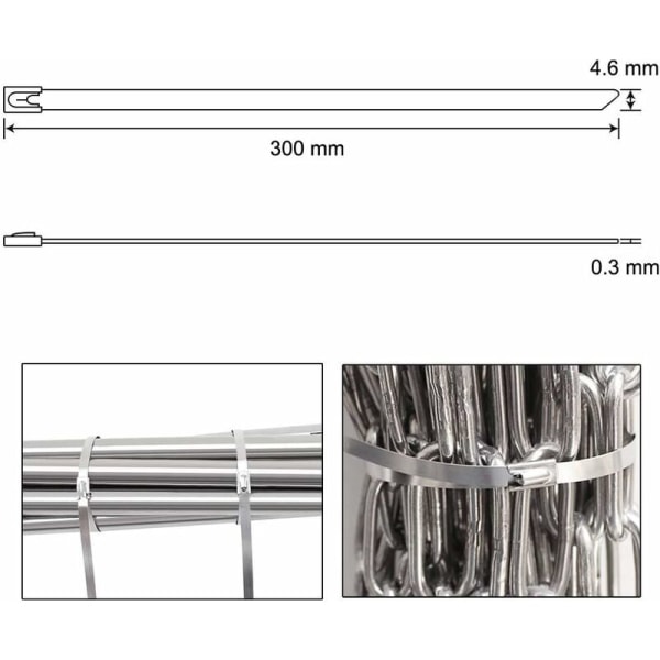 100 stk 300 mm x 4,6 m højkvalitets rustfrit stål kabelbindere Metal rustfrit stål slangeklemme 300 mm metal bandage stål C