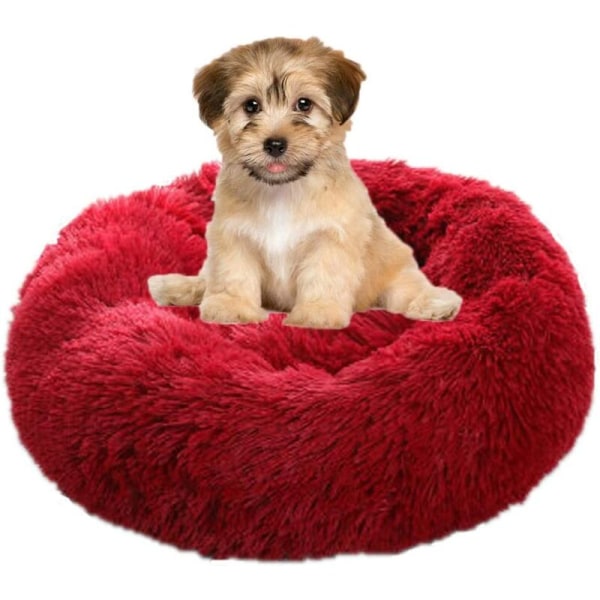 Pyöreä Fluffy Dog Cat Basket Sängyt kissoille, Pörröinen koiransänky Donut Anti Stress Pehmo Mukava Pestävä Koira Kissalle, Punainen,