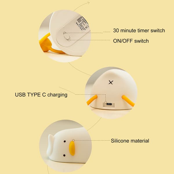 Sød And LED Natlampe - Blød Silikone, USB Genopladelig