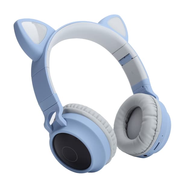 Katteøre Hodetelefon 3D LED-lys Trådløs Bluetooth 5.0 Sammenleggbart Headset med Mikrofon Grå Blå