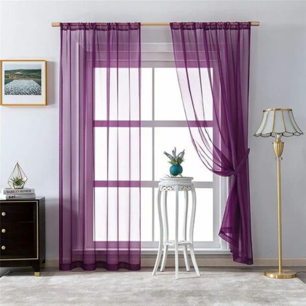 Voile-verho Violetti 140x160 cm Pehmeä lyhyt verhotankotasku, valmis ripustettavaksi Puolipehmeä sisätilojen Voile- set , 2 Cu