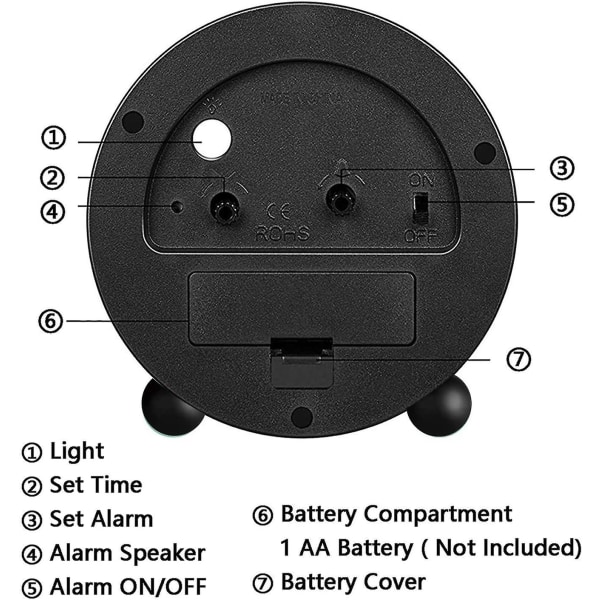 Analogt vækkeur, 4 tommer super lydløst ur uden tikkende lyd med natlys, batteridrevet, simpelt design, til soveværelse, sengebord, skrivebord Black