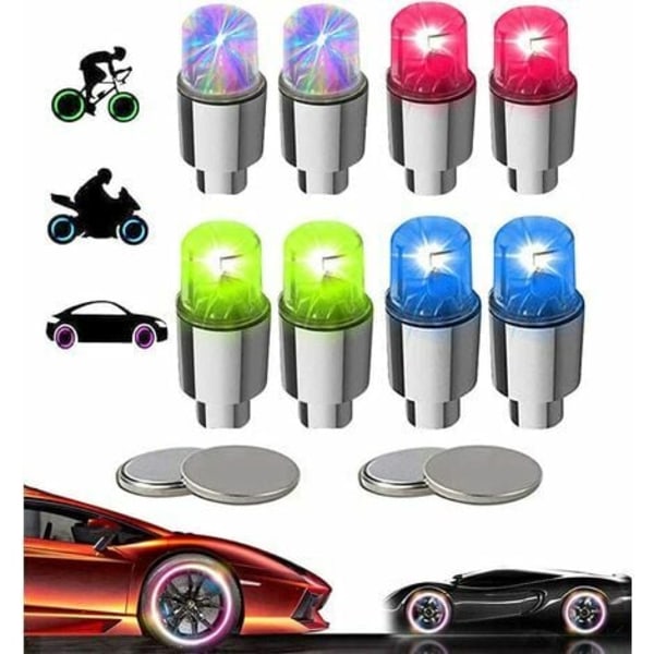 Kartokner 8-pak LED-ventilhætter til cykel, cykel, bil, motorcykel eller Kartokner mion med 10 ekstra batterier (multi-farve
