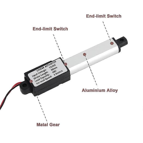 Micro Linear Actuator, 2 Inch Stroke, 90N/20.3Lb, Speed 9.5mm/S Electric Waterproof Actuator Motor Linear Actuator 12V Silver  black