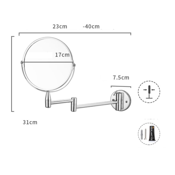 Kylpyhuoneen meikkipeili, kokoontaitettava teleskooppinen seinään kiinnitettävä kauneuspeili, kaksipuolinen iskunvapaa teräväpiirtopeili (7 tuuman yksiversio,