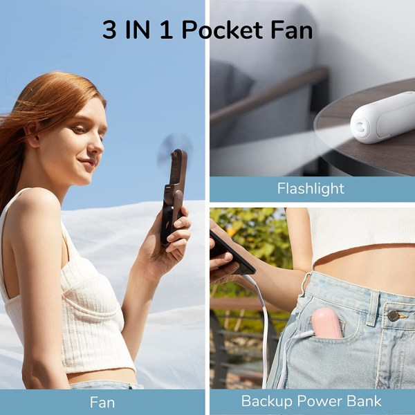 Mini Pocket Fan, 3 in 1 Handheld Fan, USB Rechargeable Small Portable Pocket Fan, Battery Operated Fan [14-21 Hours Runt