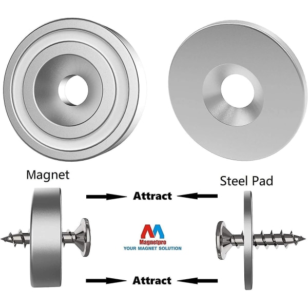 6 stk neodymmagneter 10 kg styrke 20 x 7 mm med hul og kapsel, forsænket grydemagnet med skruer og 6 stålpuder