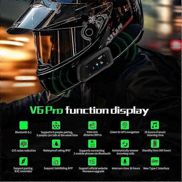 V6 Plus Bluetooth Motorcykelhjälm Headset med 1500M BT Intercom Kommunikatör för 6 Förare Vatten