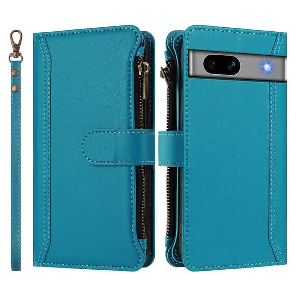Magnetic Closure 9 Card Slots Zipper Leather Case with Hand Strap Turquoise Turquoise For Google Pixel 7a