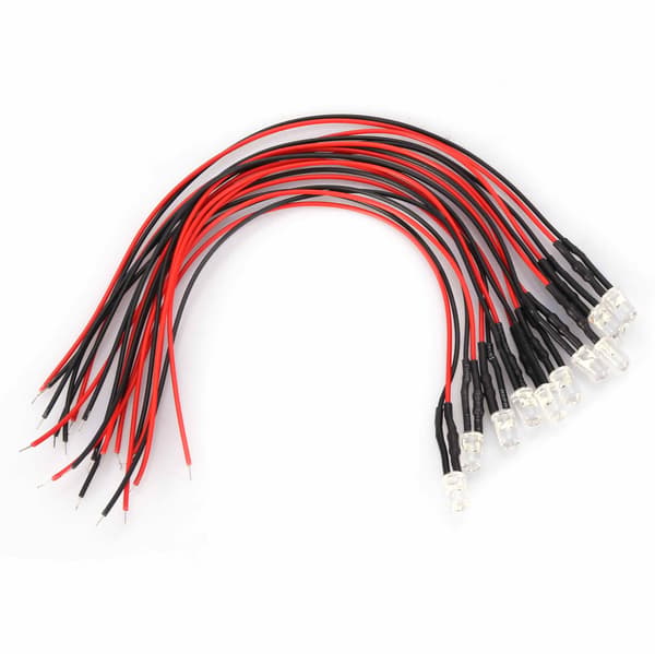 10 stk. 12V 5mm Multicolor LED Diode Lys Kabel 20cm 0.06W Hvid