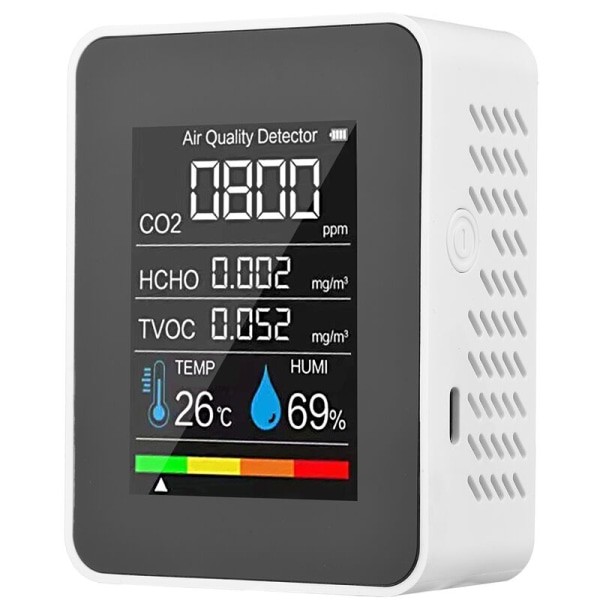 Fem och en luftkvalitetsmonitor, digital termometer, koldioxid, temperatur, luftfuktighet (vit 5 i 1)