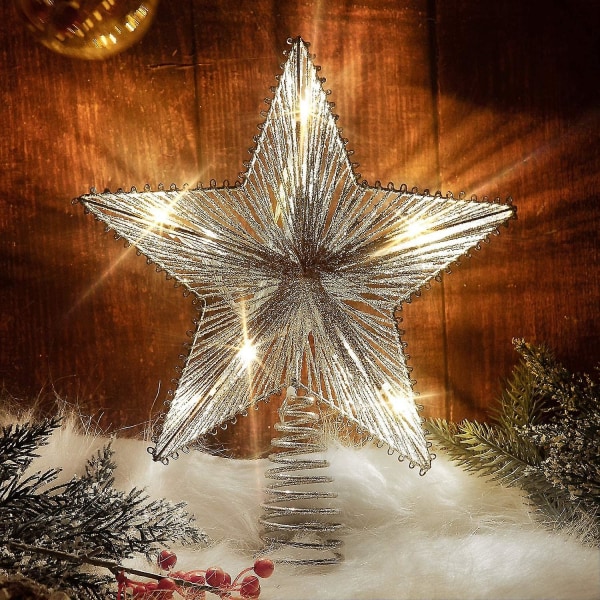 Christmas Star Tree Topper Lights, 10 Tommer Christmas Glitter Tree Topper, Hollow Silver Star Tree Topper med LED-lys til juletræsdekoration