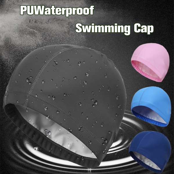 2 pakkauksen uimalakkia kuulosuojaimilla vedenpitävä PU-pinnoitettu mukavuus, joustavat unisex uimalakit, musta + sininen one size