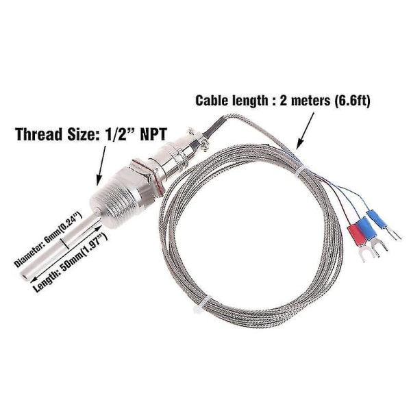 Rtd Pt100 temperatursensorsond 5cm 1/2&quot; Npt-gänga med avtagbar kontakt 2m Kabel 3-tråds temperatursensor
