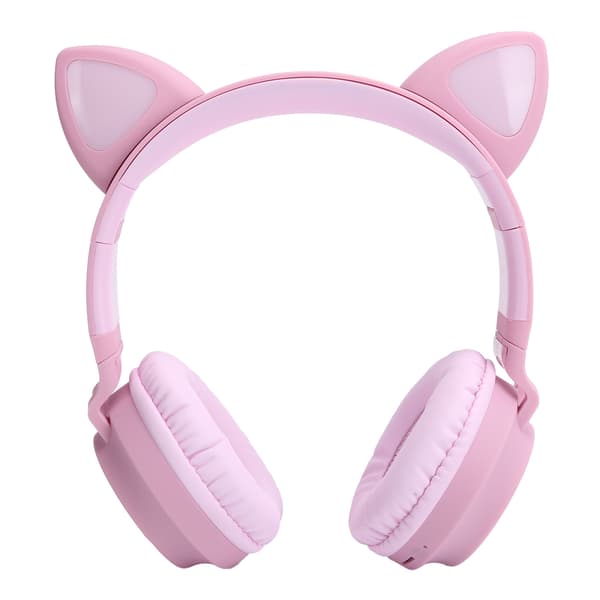 Kattekro Hodetelefon 3D LED Lys Trådløs Bluetooth 5.0 Sammenleggbart Headset med Mikrofon Rosa