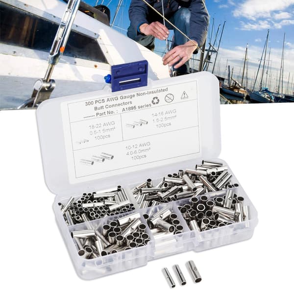 300 stk Uisolerte Kobber Butt Splice Wire Connector Tinned Crimp Terminal Kit for Båt Auto