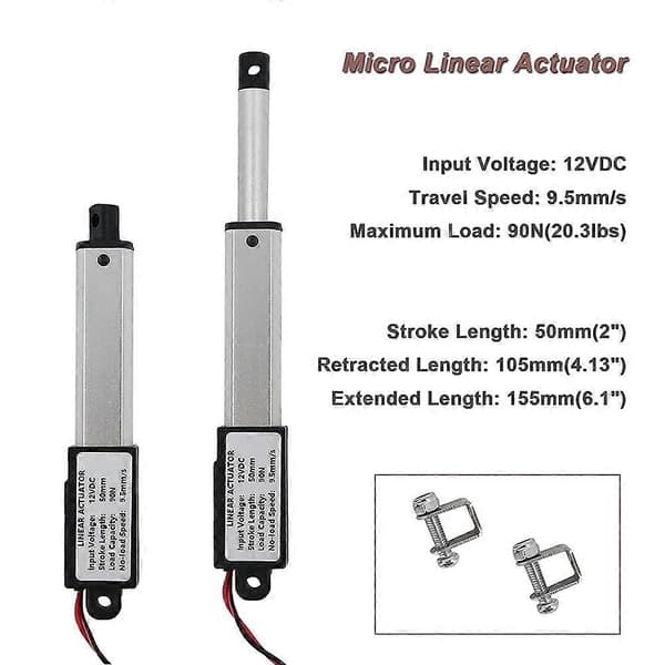 Micro Linear Actuator, 2 Inch Stroke, 90N/20.3Lb, Speed 9.5mm/S Electric Waterproof Actuator Motor Linear Actuator 12V Silver  black
