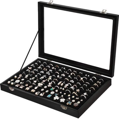 Smykkevitrine, Smykkeskrin, til Ringe, Øreringe, Glaslåg, Sort