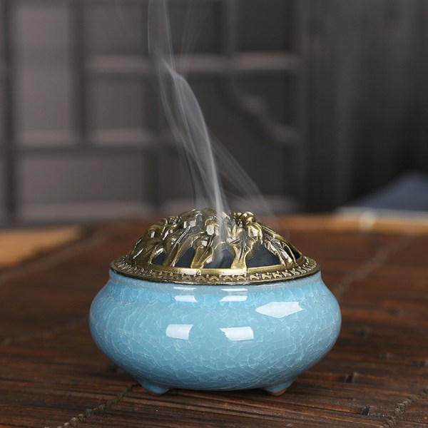 Celadon Røgelsebrænder Keramisk Kobber Låg Antik Røgelse Brænder (Ice Crackle Gemstone Blue)