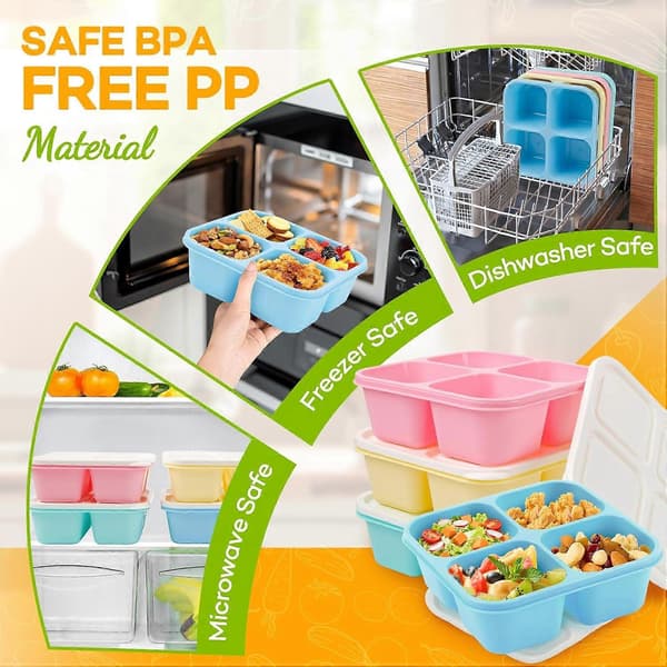 Bento Box Adult Lunch Box - 4-pack, 4-Compartment Snack Containers Reusable Lunch Boxes Stackable BPA-Free Lunch Containers for Home, Work Pink, Green, Blue, Yellow