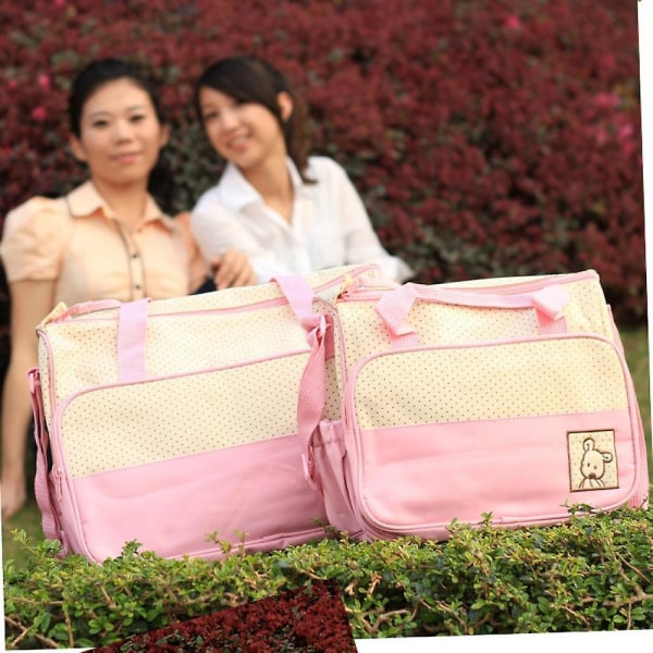 Femdelt mumietaske pusletaske Multifunktionel rejsevandtæt mumietaske, barselstasker med stor kapacitet og flere lommer A916-01 Pink