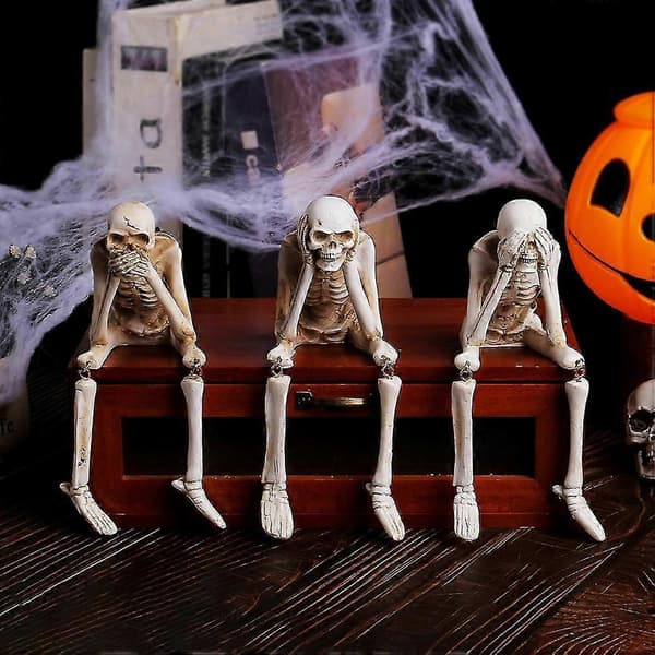 Three Wise Resin Skulls - \"See No Evil/Hear No Evil/Speak No Evil\" Skeleton Ornaments for Halloween and Home Decor 1pc B