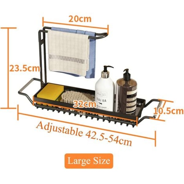 Laajennettava tiskialtaan organizer tiskialtaan ruostumattomasta teräksestä valmistetulla tiskipyyhkeellä (suuri, musta)