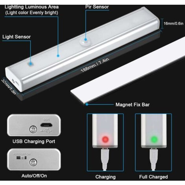 Pack 10 LED-lampor, trådlös, USB uppladdningsbar, magnetisk, rörelsesensor, 2 ljuslägen, bärbar garderobslampa, Emerge