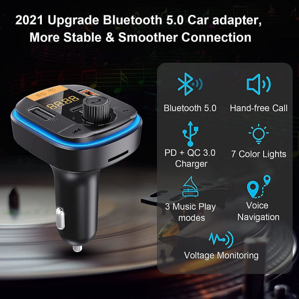 Bil Bluetooth FM-sender, Bluetooth biladapter, musikafspiller, billaddare, understøttet for handsfreesamtal