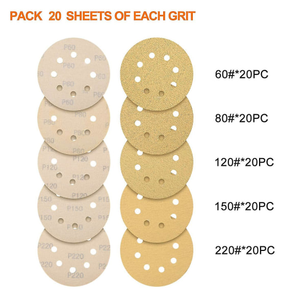 100 pakke slibeskiver, 125 mm med krog og løkke 60 80 120 150 220 korn 8 huller assorteret til random orbital sliber
