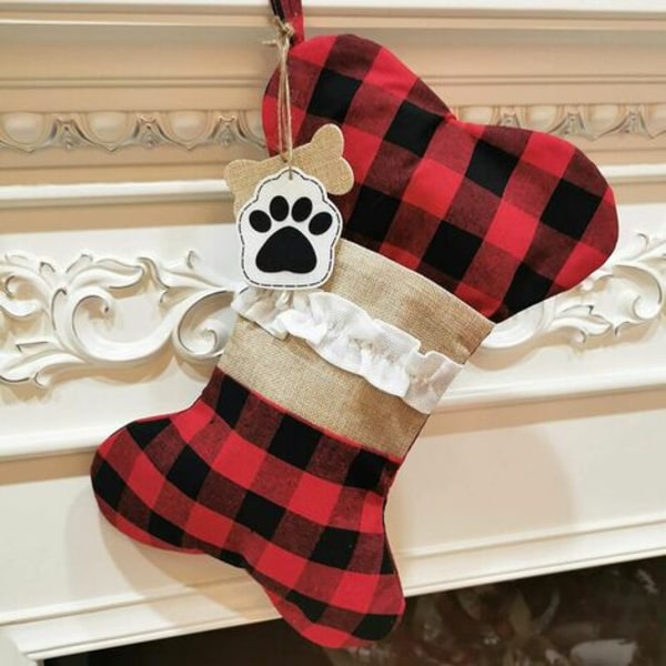 Pet Dog Christmas Stocking 2 Packs Burlap Plaid Holiday Hanging Bone Socks Fireplace Tree Xmas Decoration