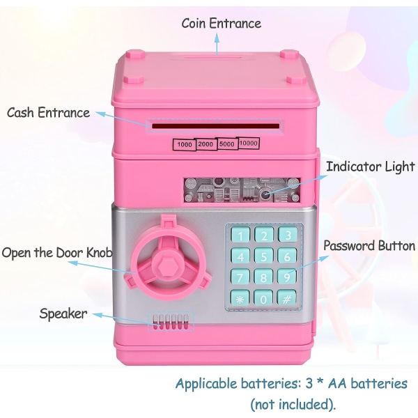 Spargris, födelsedagsleksakspresent, elektronisk kassaautomat för riktiga pengar, stor spargris plastskåp, söta barnföremål (rosa+pengar),