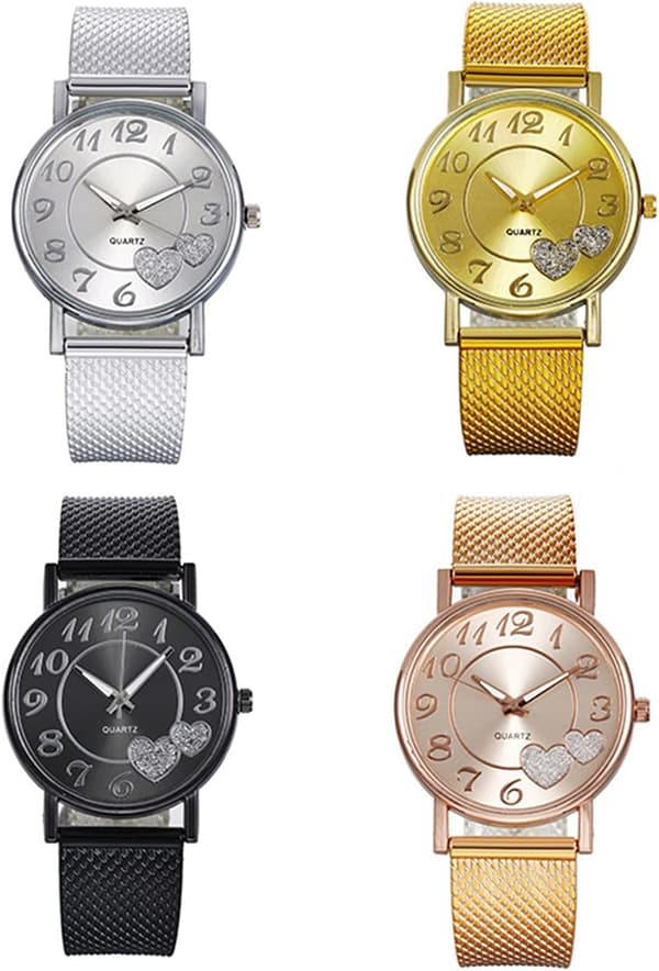 Diamantur til kvinder Guld Rosaguld Mesh Hjerte - Valentinsdag - Gaveur - Stort ur til damer - Quartzur til piger - Silver