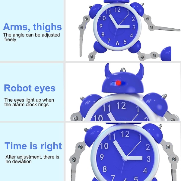 Robotväckarklocka, rostfri metall, icke-tickande väckarklocka med ögonljus och handklämma, bästa presenten till barn (blå)
