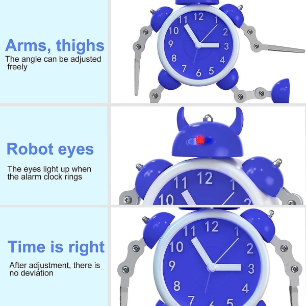 Robotvækkeur, rustfrit metal ikke-tikkende vækningsur med øjenlys og håndklemme, bedste gave til børn (blå)