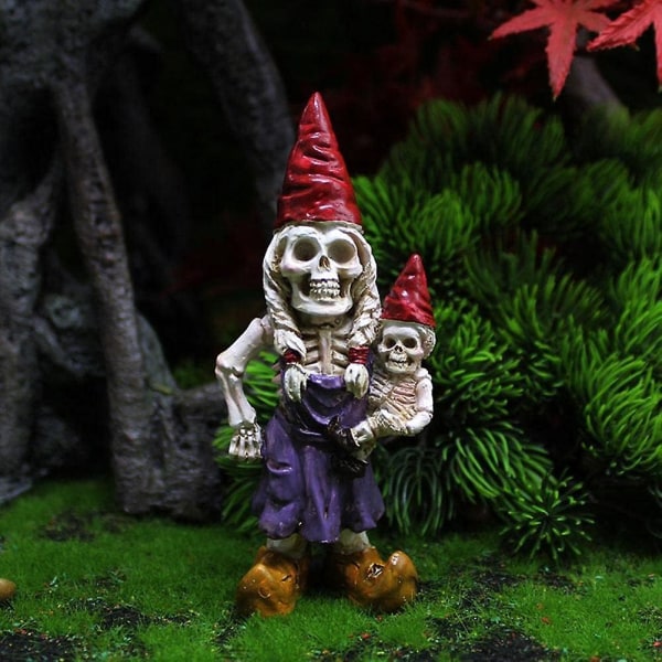 Horror Skeleton Dwarf - Hjemmehave Par Statue Dværg Gnome Kranie Skulptur Familiegruppe