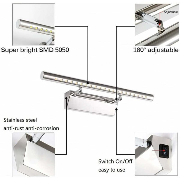 5W Med Switch Längd 40CM Rostfritt stål Spegel Strålkastare LED Badrum Sovrum Toalett Spegel Ljus Vit Ljus,