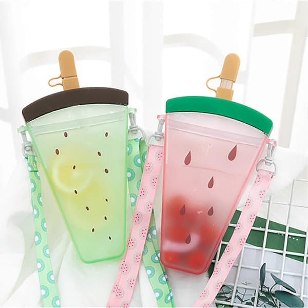 320 ml Large Capacity Water Bottle, Orange, Hanging Strap, Fruit Design, Watermelon, Plastic Strap, Straw, Water Cup for Summer