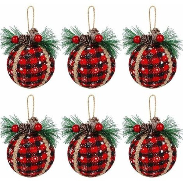 6 STK Plaid julekugle ornamenter - 3 tommer sort og rød bøffel plaid stof kugle ornamenter med fyrrekogler og grøn